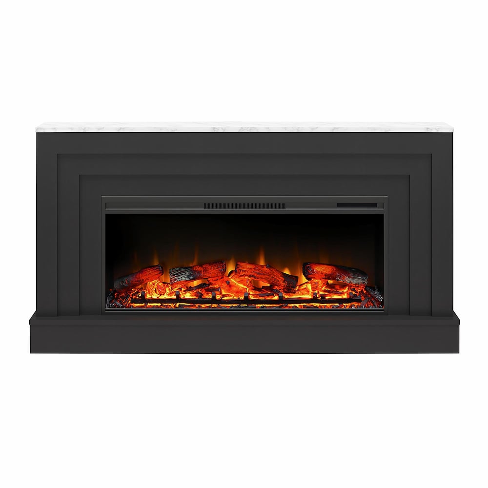 Ameriwood Home Lynnhaven Large manteau de cheminée avec foyer électrique linéaire, noir avec dessus en faux marbre blanc