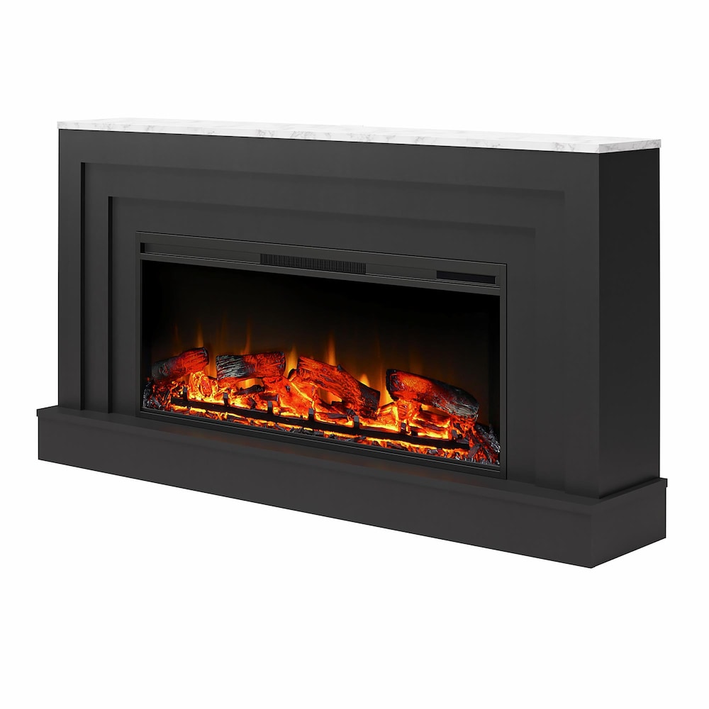 Ameriwood Home Lynnhaven Large manteau de cheminée avec foyer électrique linéaire, noir avec dessus en faux marbre blanc
