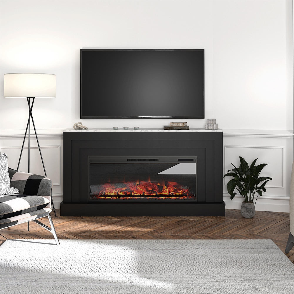 Ameriwood Home Lynnhaven Large manteau de cheminée avec foyer électrique linéaire, noir avec dessus en faux marbre blanc