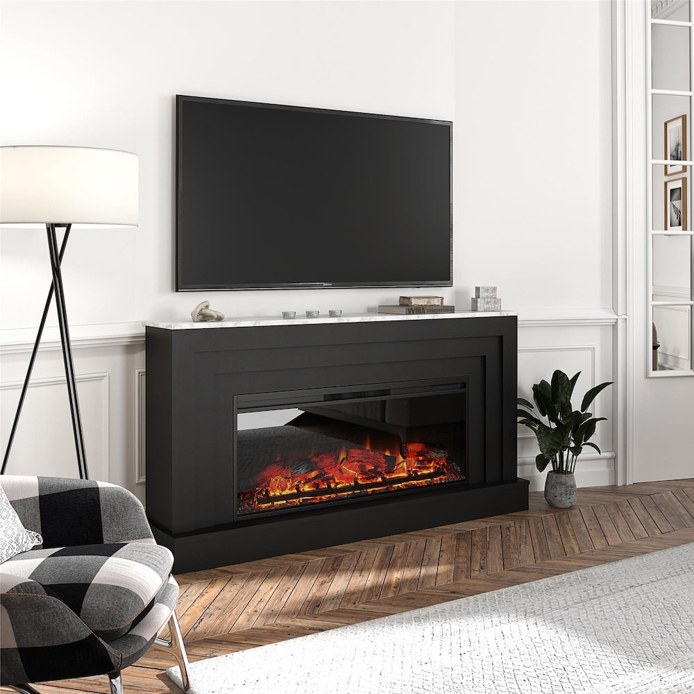 Ameriwood Home Lynnhaven Large manteau de cheminée avec foyer électrique linéaire, noir avec dessus en faux marbre blanc