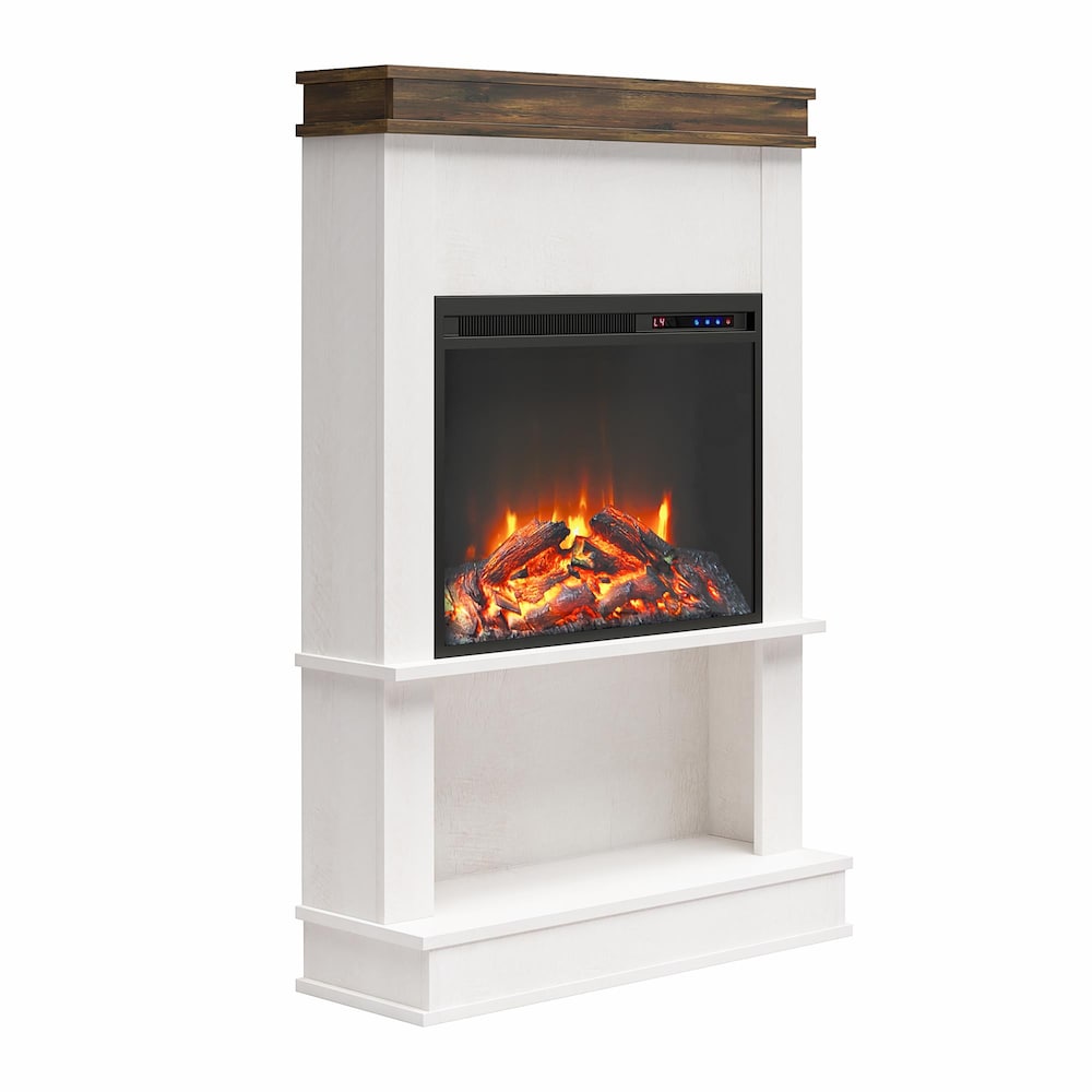 Cheminée électrique Ameriwood Home Mateo avec manteau et étagère ouverte, chêne ivoire avec finition rustique
