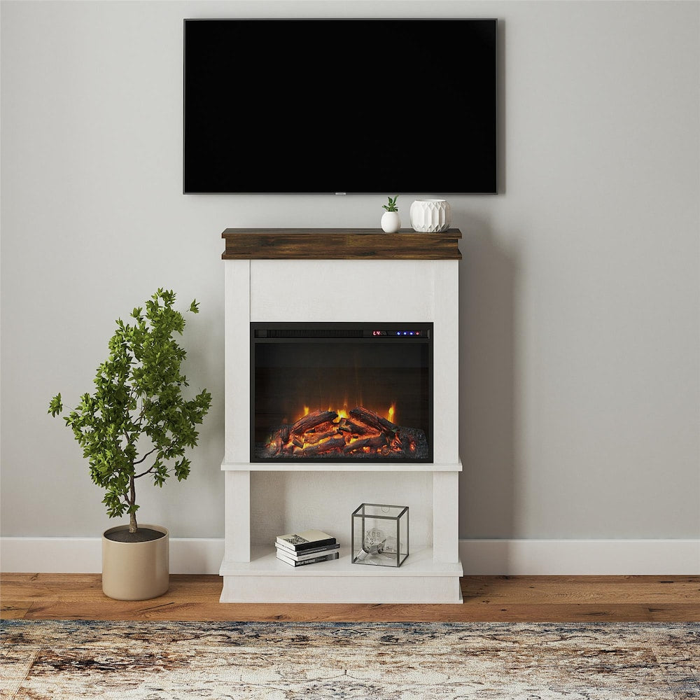 Cheminée électrique Ameriwood Home Mateo avec manteau et étagère ouverte, chêne ivoire avec finition rustique