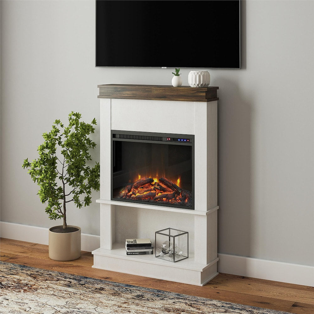 Cheminée électrique Ameriwood Home Mateo avec manteau et étagère ouverte, chêne ivoire avec finition rustique