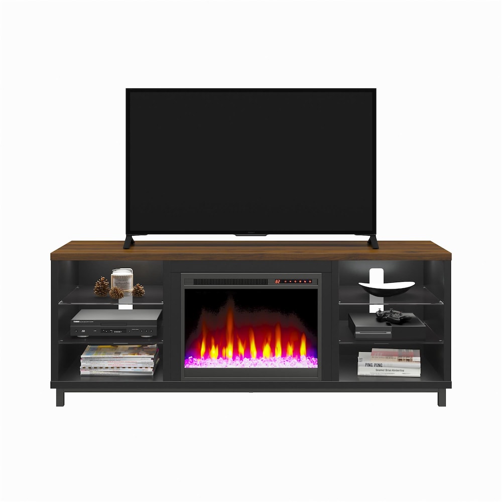 Ameriwood Home Lumina Deluxe Fireplace TV Stand for TVs up to 70", Black with Walnut Top