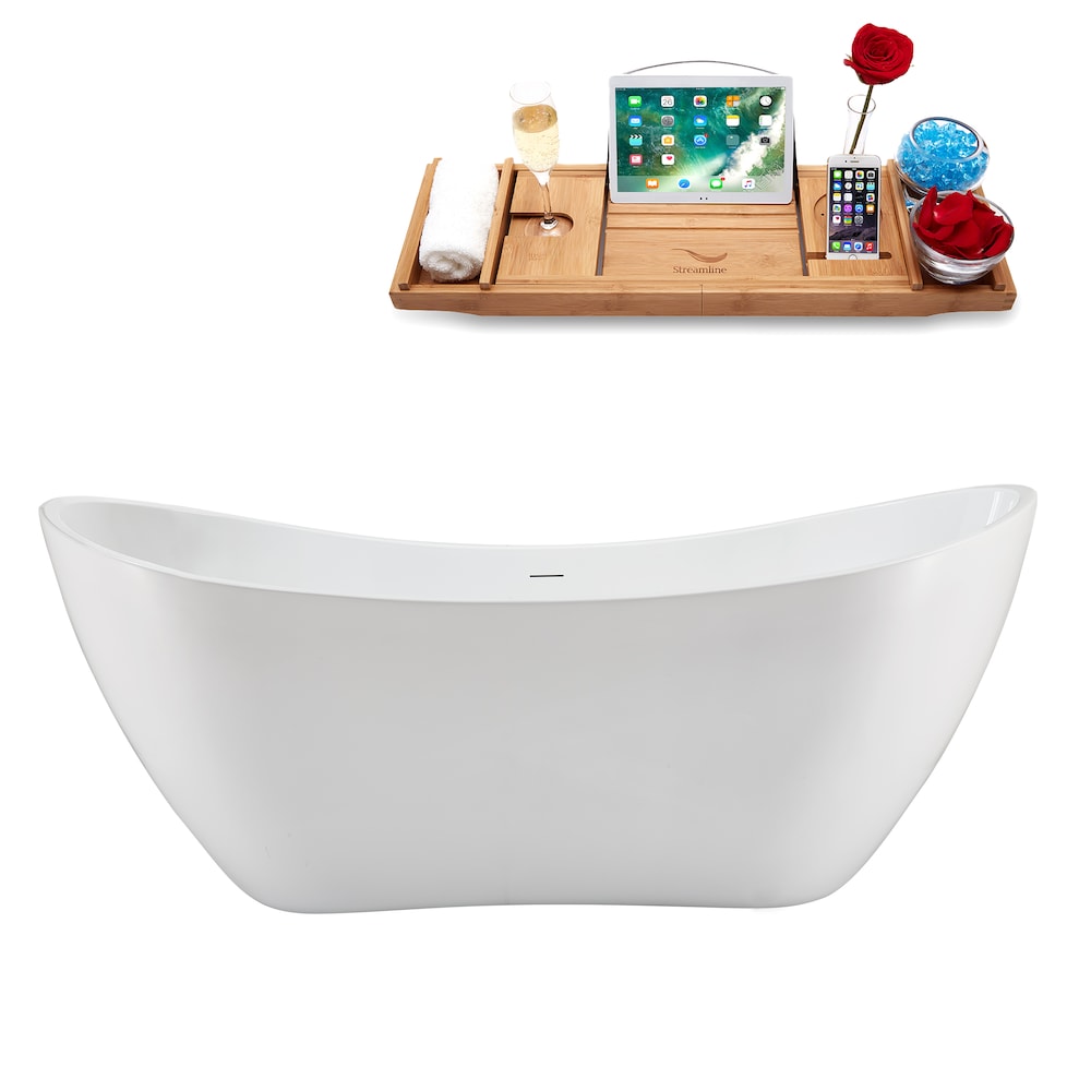 Baignoire ovale autoportante en acrylique NB5140GLD de 71 po en blanc brillant, plateau, drain central en or poli