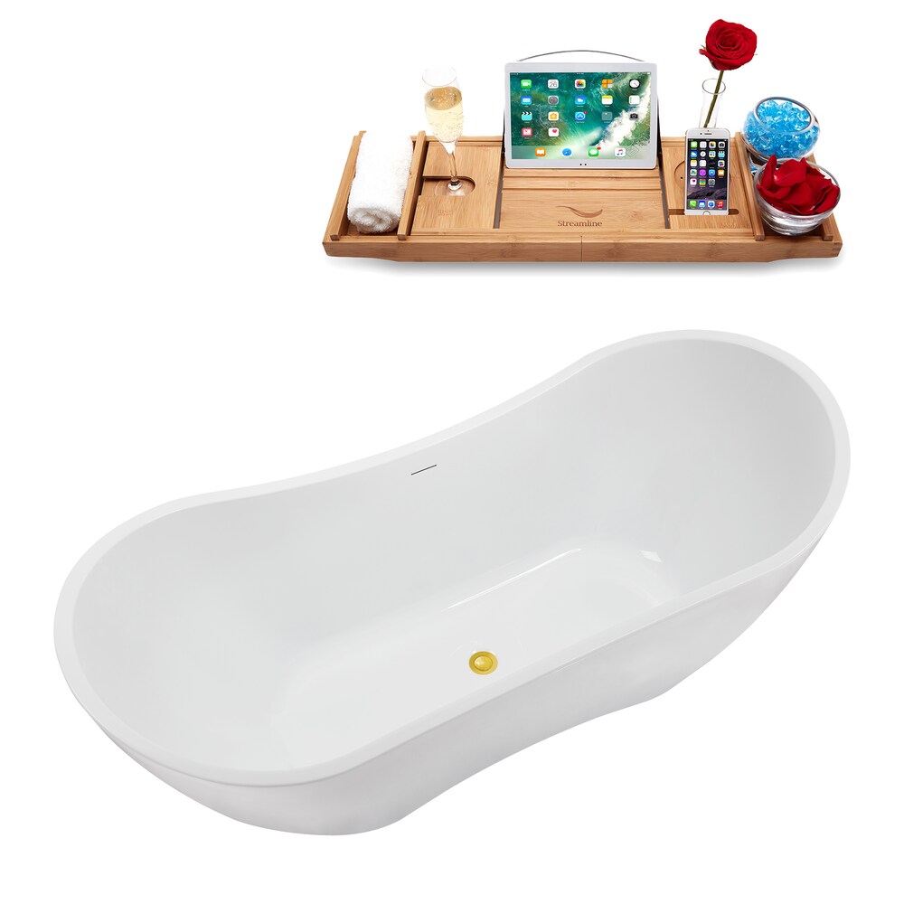 Baignoire ovale autoportante en acrylique NB5140GLD de 71 po en blanc brillant, plateau, drain central en or poli