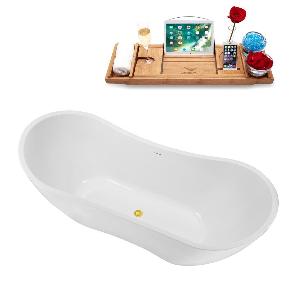 Baignoire ovale autoportante en acrylique NB5140GLD de 71 po en blanc brillant, plateau, drain central en or poli