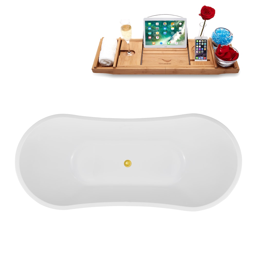 Baignoire ovale autoportante en acrylique NB5140GLD de 71 po en blanc brillant, plateau, drain central en or poli