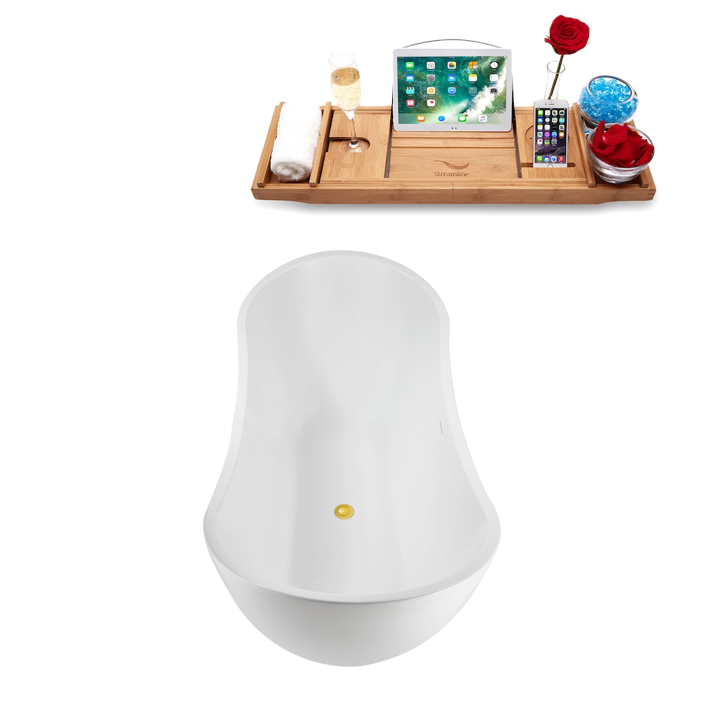 Baignoire ovale autoportante en acrylique NB5140GLD de 71 po en blanc brillant, plateau, drain central en or poli