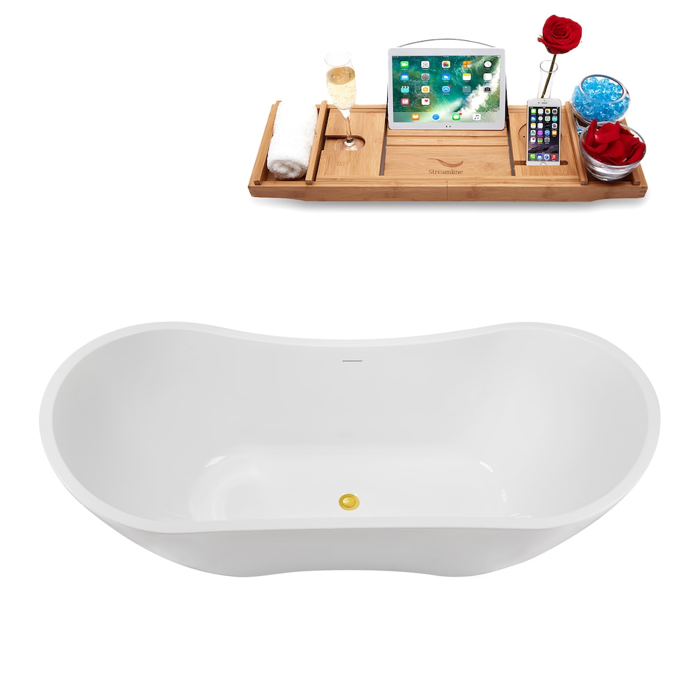 Baignoire ovale autoportante en acrylique NB5140GLD de 71 po en blanc brillant, plateau, drain central en or poli