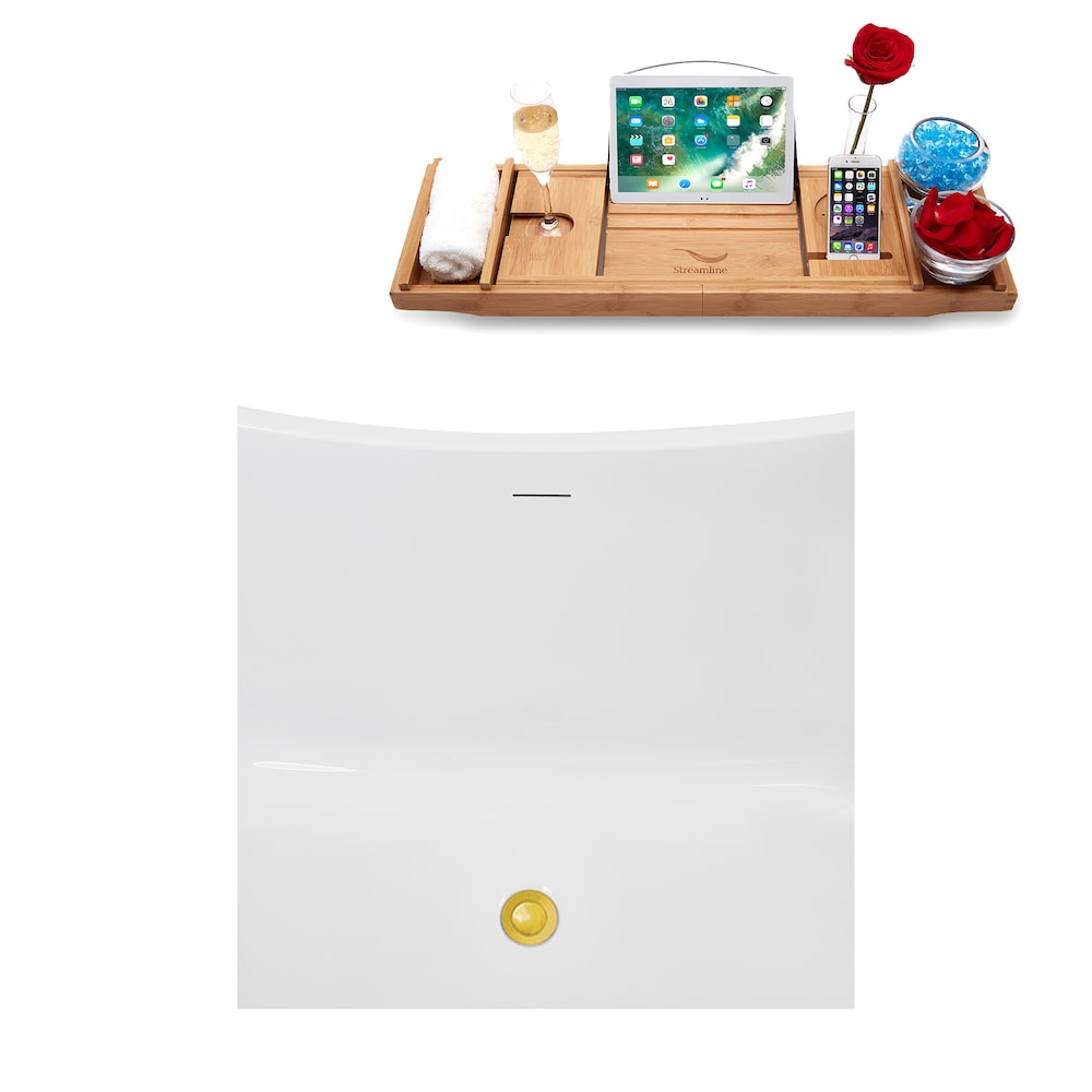 Baignoire ovale autoportante en acrylique NB5140GLD de 71 po en blanc brillant, plateau, drain central en or poli