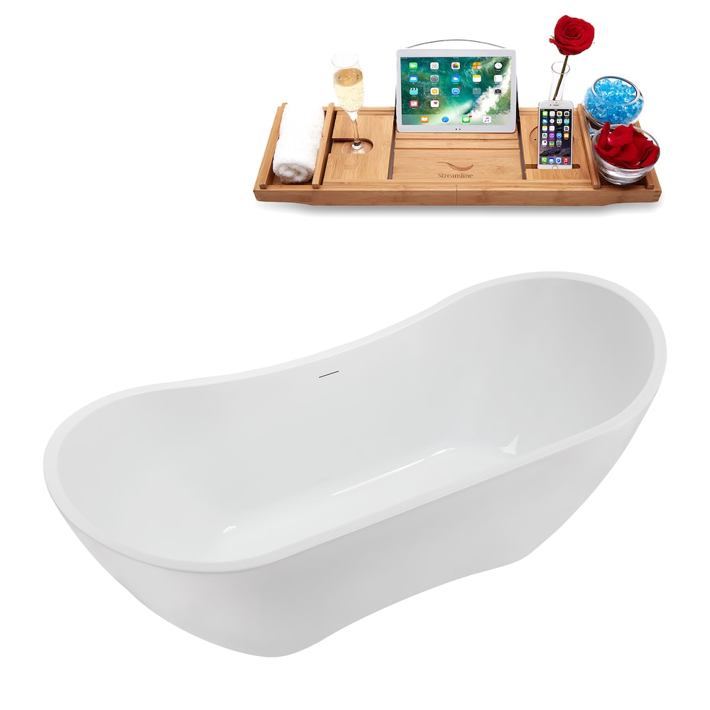 Baignoire ovale autoportante en acrylique NB5140GLD de 71 po en blanc brillant, plateau, drain central en or poli