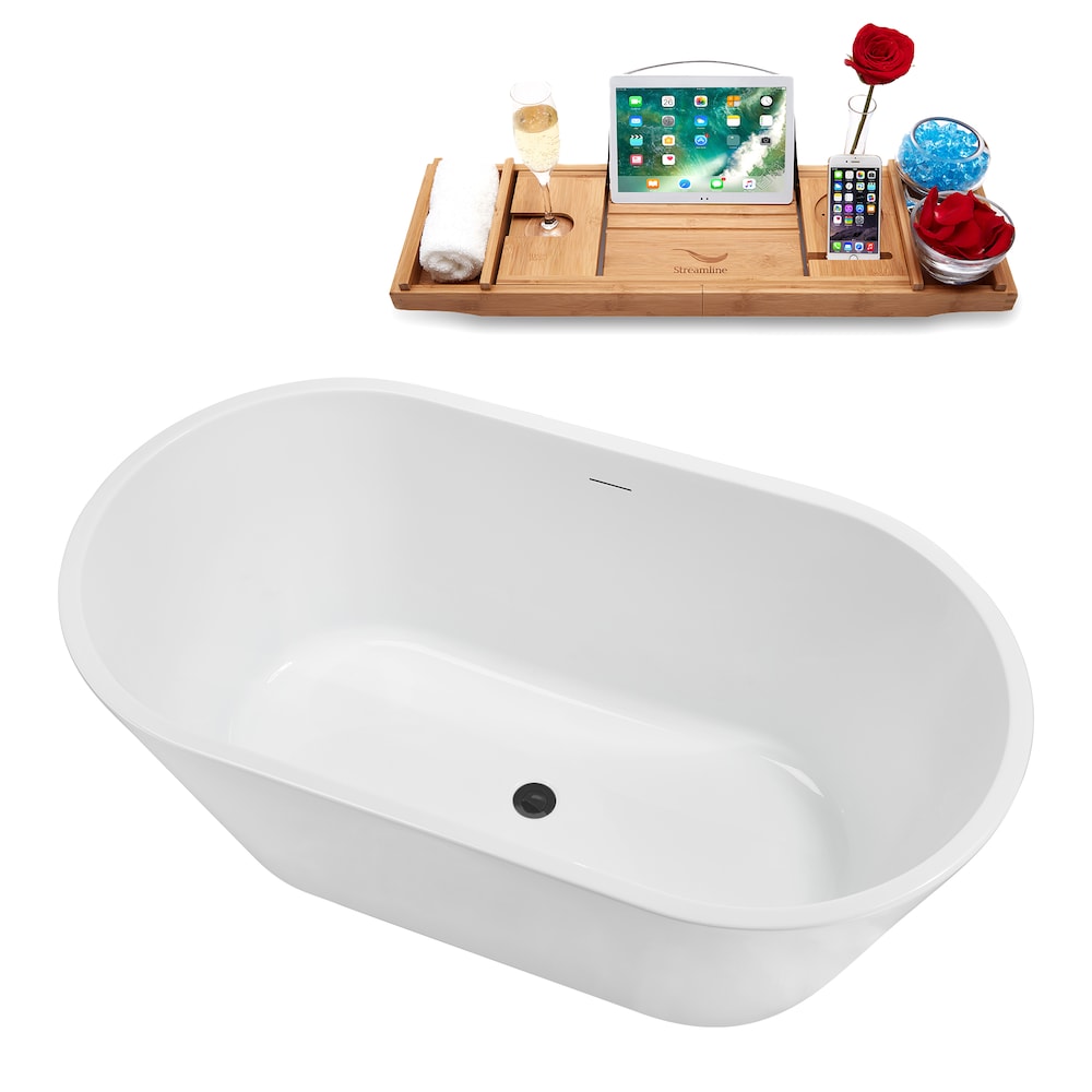 NB5160BGM 54 in.Freestanding Oval Acrylic Bathtub in Glossy White,Tray,Brushed GunMetal Centre Drain