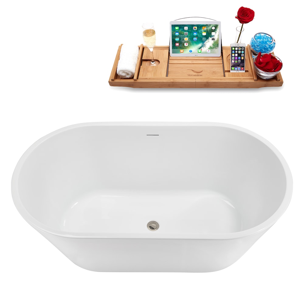 NB5160BNK 54 in. Freestanding Oval Acrylic Bathtub in Glossy White,Tray, Brushed Nickel Centre Drain