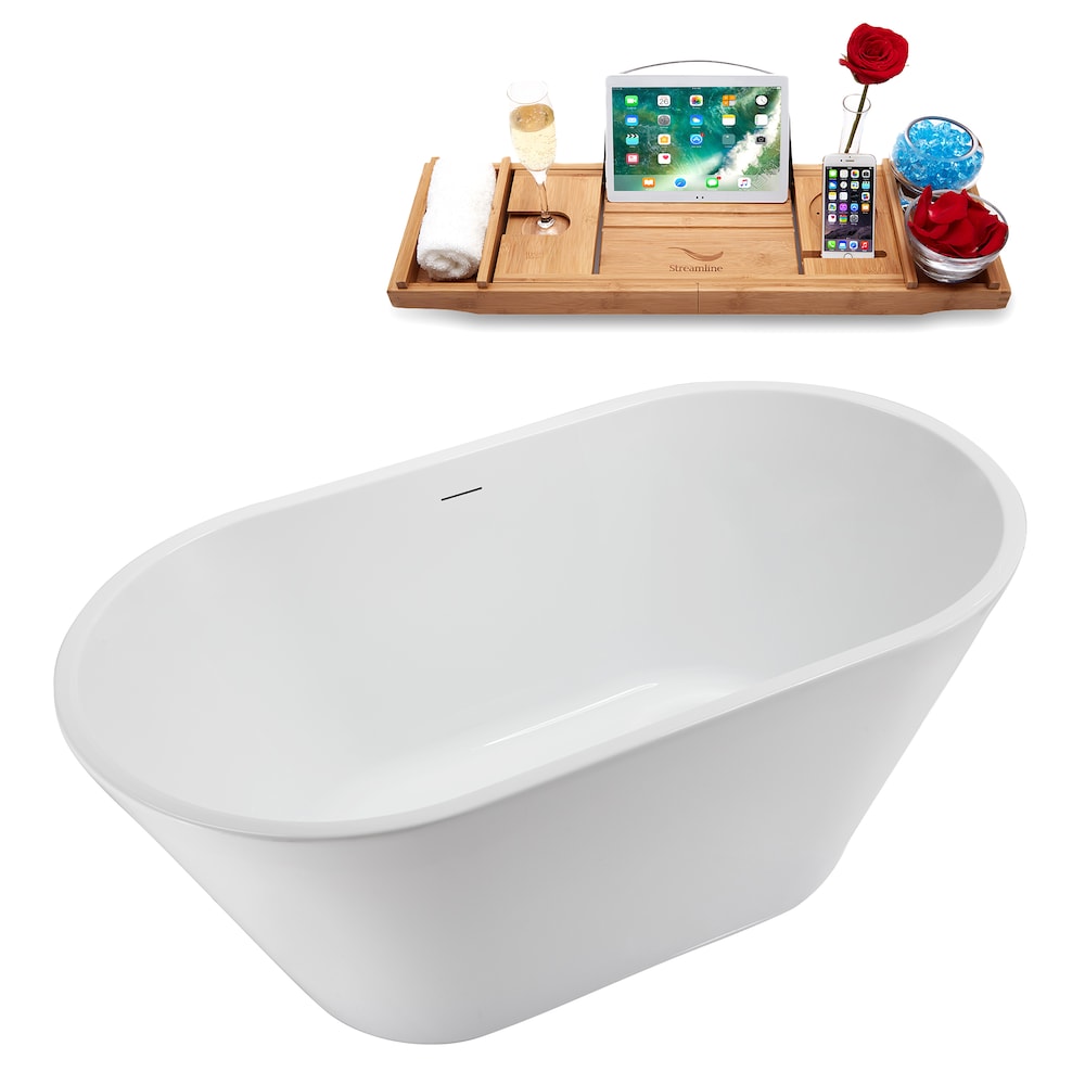 NB5180BGL 54 inch Freestanding Oval Acrylic Bathtub in Glossy White, Tray, Brushed Gold Centre Drain