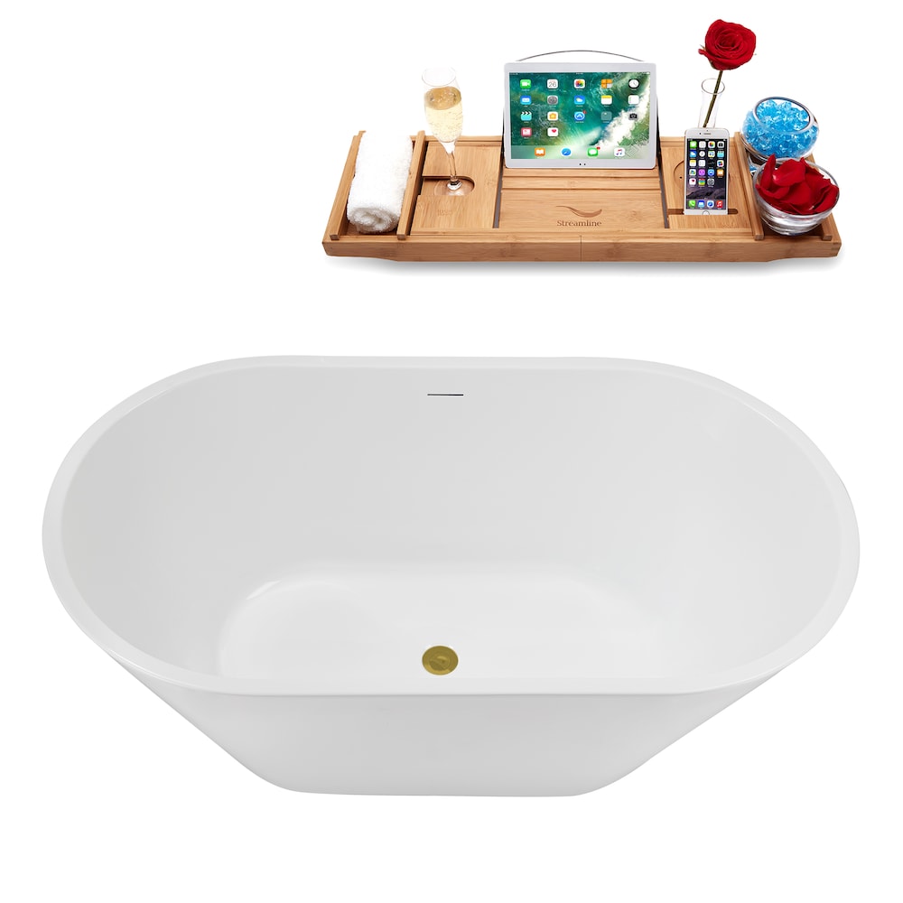 NB5180BGL 54 inch Freestanding Oval Acrylic Bathtub in Glossy White, Tray, Brushed Gold Centre Drain