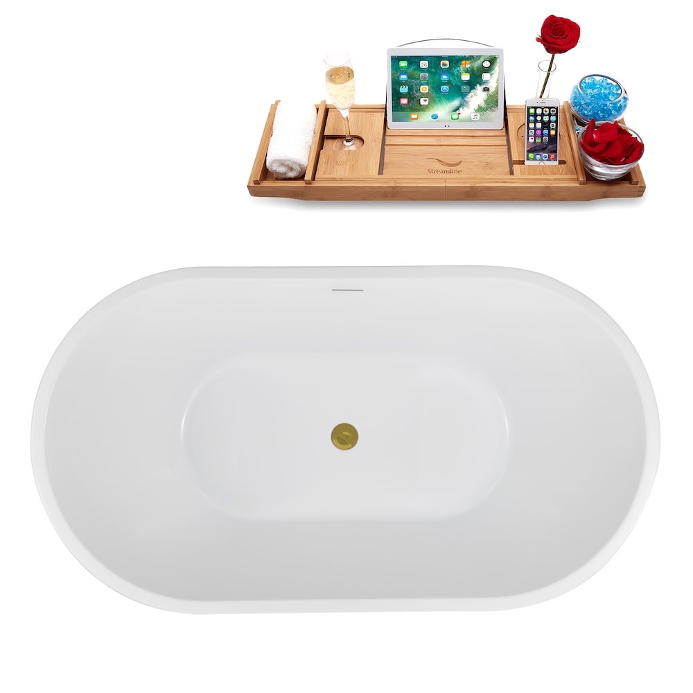 NB5180BGL 54 inch Freestanding Oval Acrylic Bathtub in Glossy White, Tray, Brushed Gold Centre Drain