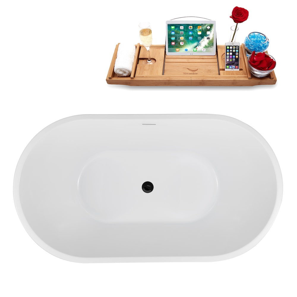NB5180BL 54 inch Freestanding Oval Acrylic Bathtub in Glossy White, Tray, Matte Black Centre Drain