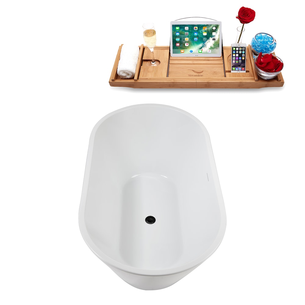 NB5180BL 54 inch Freestanding Oval Acrylic Bathtub in Glossy White, Tray, Matte Black Centre Drain