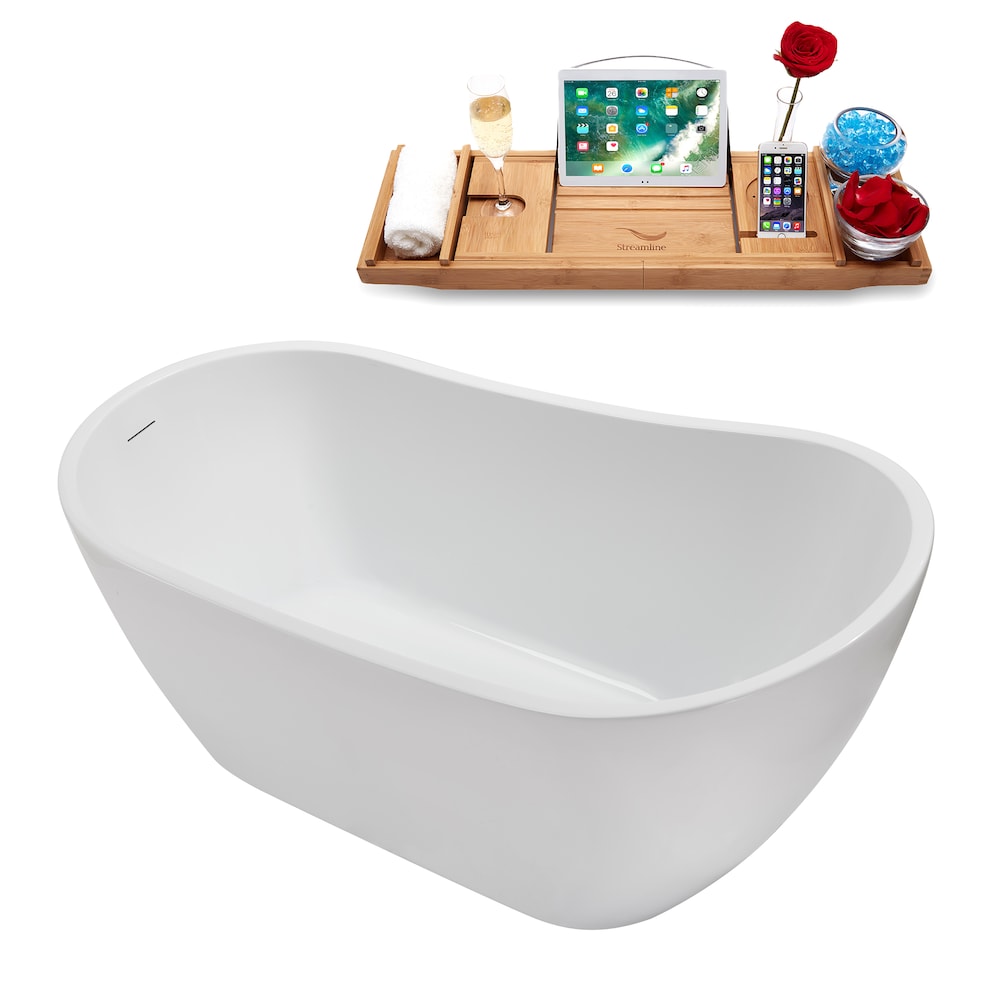 NB5200BNK 55 inch Freestanding Oval Acrylic Bathtub in Glossy White, Tray, Reversible Drain