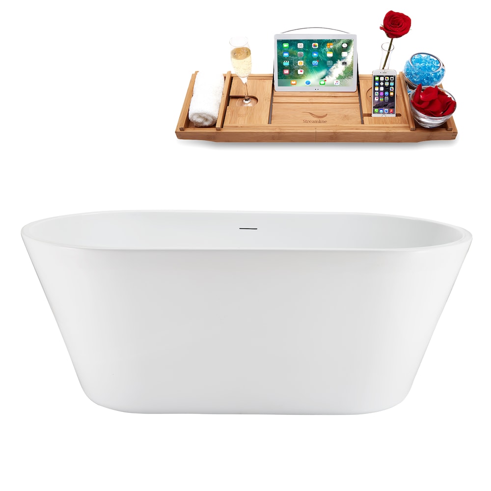 NB5220BNK 59 in. Freestanding Oval Acrylic Bathtub in Glossy White,Tray, Brushed Nickel Centre Drain