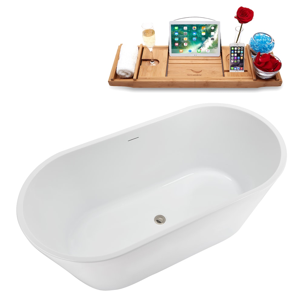 NB5220BNK 59 in. Freestanding Oval Acrylic Bathtub in Glossy White,Tray, Brushed Nickel Centre Drain