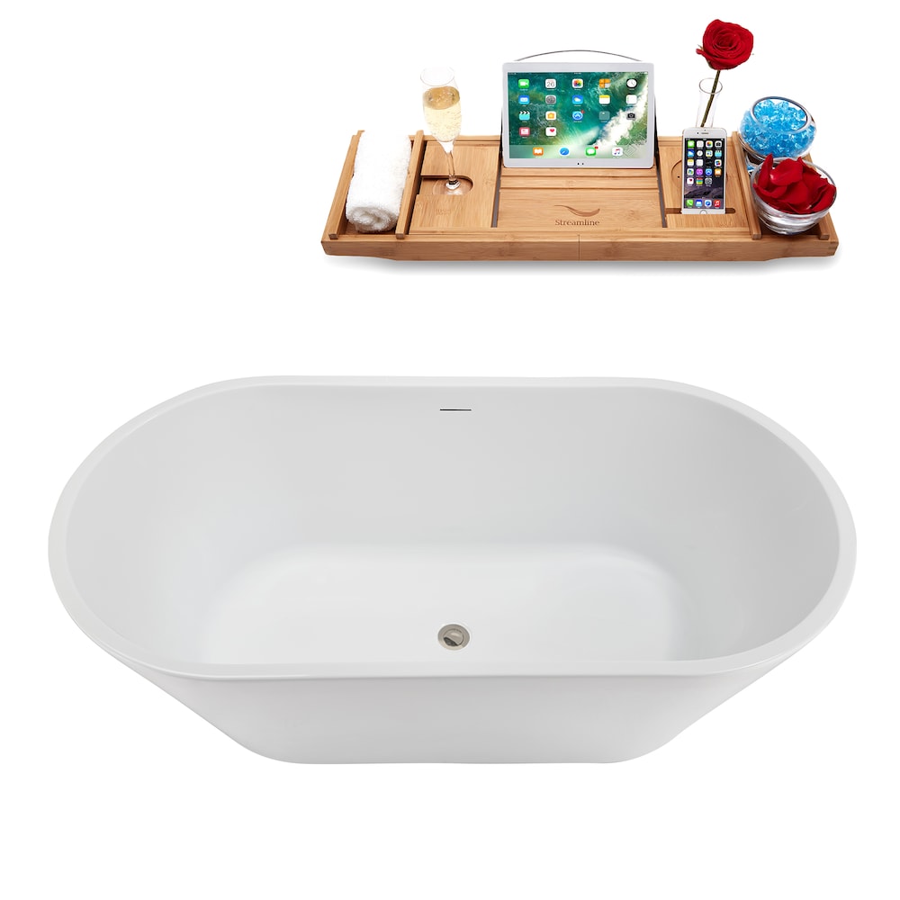 NB5220BNK 59 in. Freestanding Oval Acrylic Bathtub in Glossy White,Tray, Brushed Nickel Centre Drain
