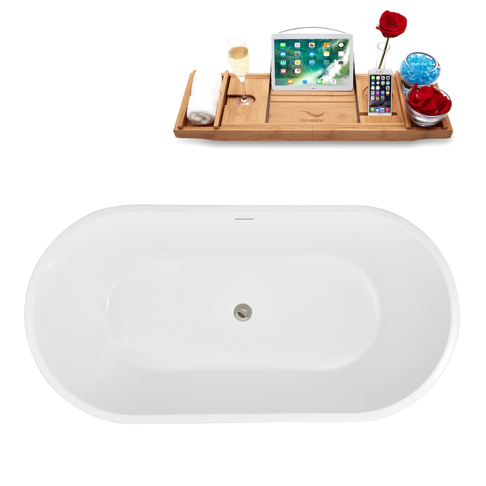 NB5220BNK 59 in. Freestanding Oval Acrylic Bathtub in Glossy White,Tray, Brushed Nickel Centre Drain