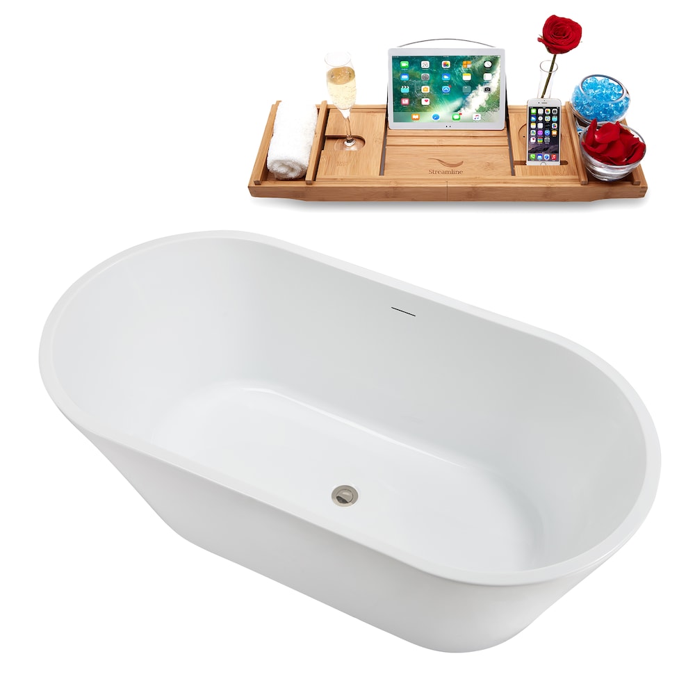 NB5220BNK 59 in. Freestanding Oval Acrylic Bathtub in Glossy White,Tray, Brushed Nickel Centre Drain