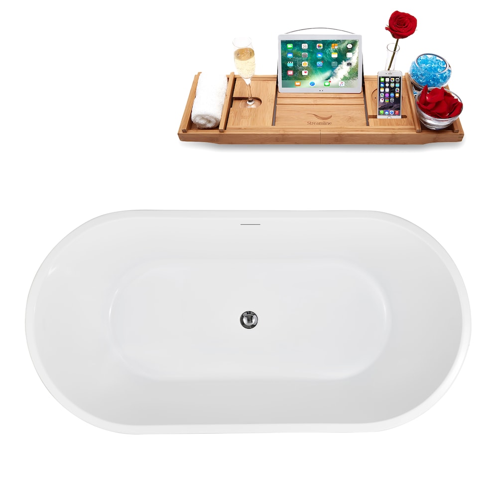 NB5220CH 59 in. Freestanding Oval Acrylic Bathtub in Glossy White,Tray, Polished Chrome Centre Drain