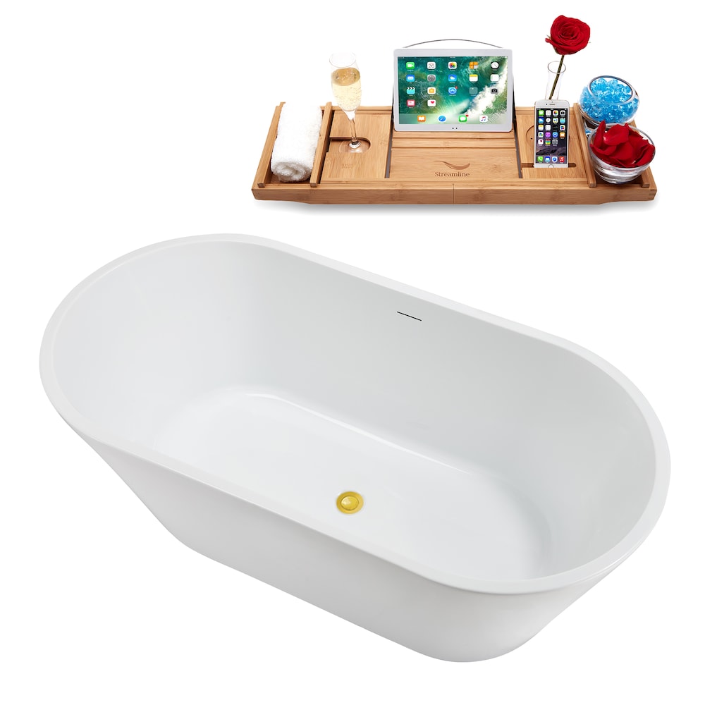 NB5220GLD 59 in. Freestanding Oval Acrylic Bathtub in Glossy White, Tray, Polished Gold Centre Drain