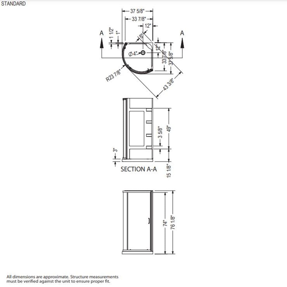 Iris II 34 in. L x 34 in. W x 76 in. H Round Acrylic Corner Shower Kit Enclosure with Corner Drain Base, Wall Surround, Built-In Shelves & Sliding Chrome Door