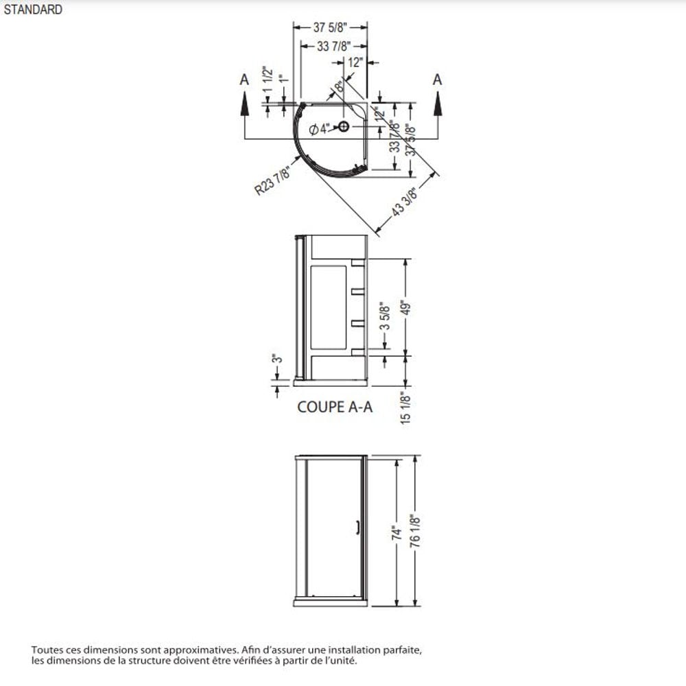 Iris II 34 in. L x 34 in. W x 76 in. H Round Acrylic Corner Shower Kit Enclosure with Corner Drain Base, Wall Surround, Built-In Shelves & Sliding Chrome Door