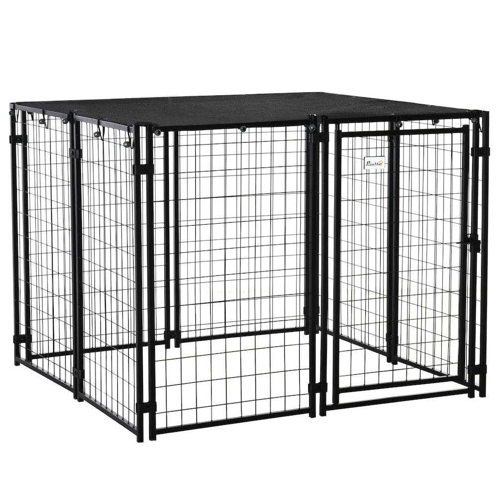 Outdoor Dog Kennel, Welded Wire Steel Fence, Lockable Pet Playpen Crate, with Top Cover, Door, Black