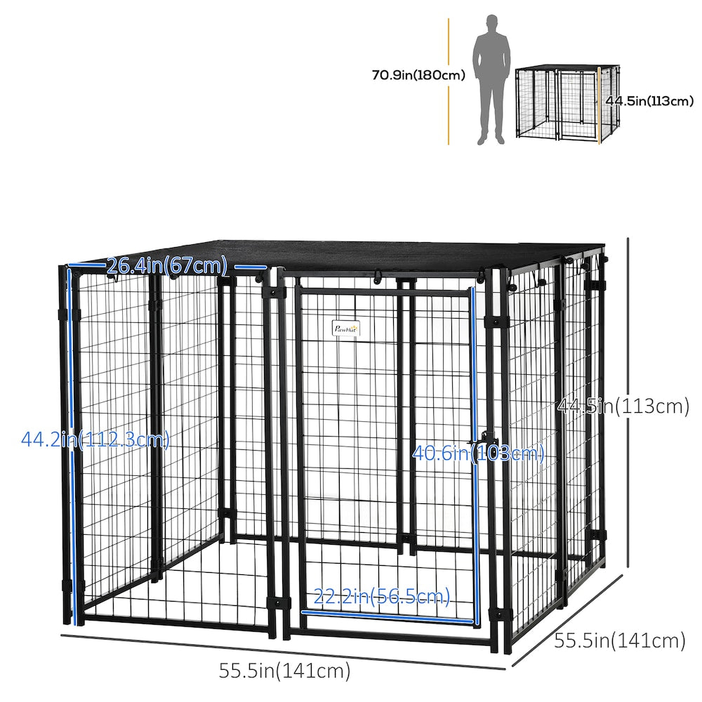 Outdoor Dog Kennel, Welded Wire Steel Fence, Lockable Pet Playpen Crate, with Top Cover, Door, Black