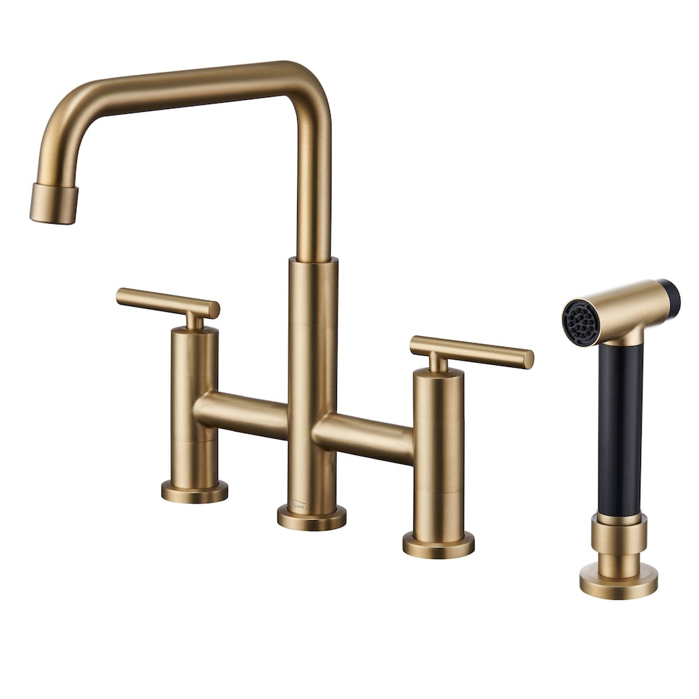 2-Handle Bridge Kitchen Faucet with Pull-Out Side Sprayer in Brushed Gold