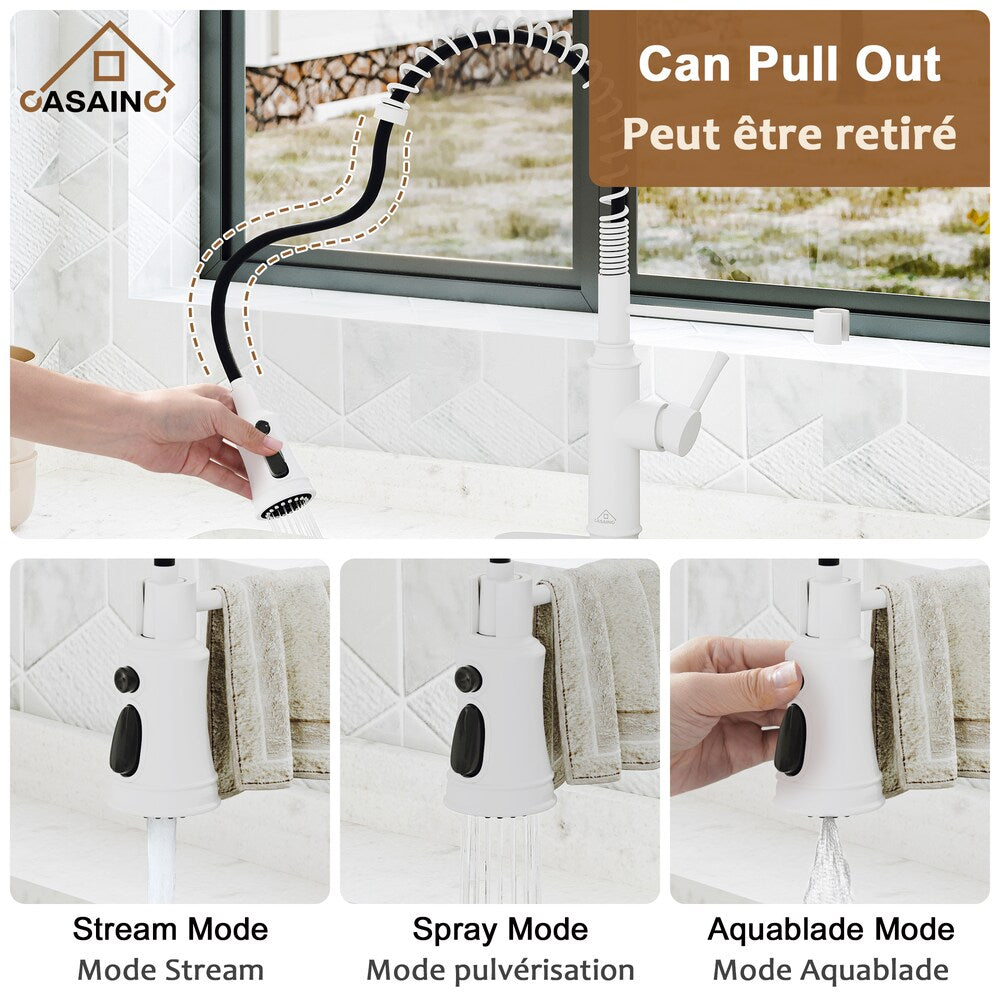 Single Handle Pull-Down Sprayer Kitchen Faucet in Matte White