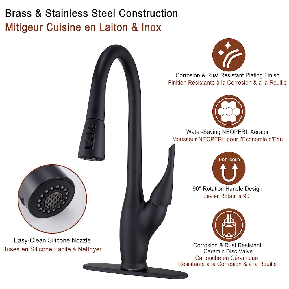 Tulip High Arc Pull Down Single Handle Deck Mount Kitchen Faucet in Matte Black