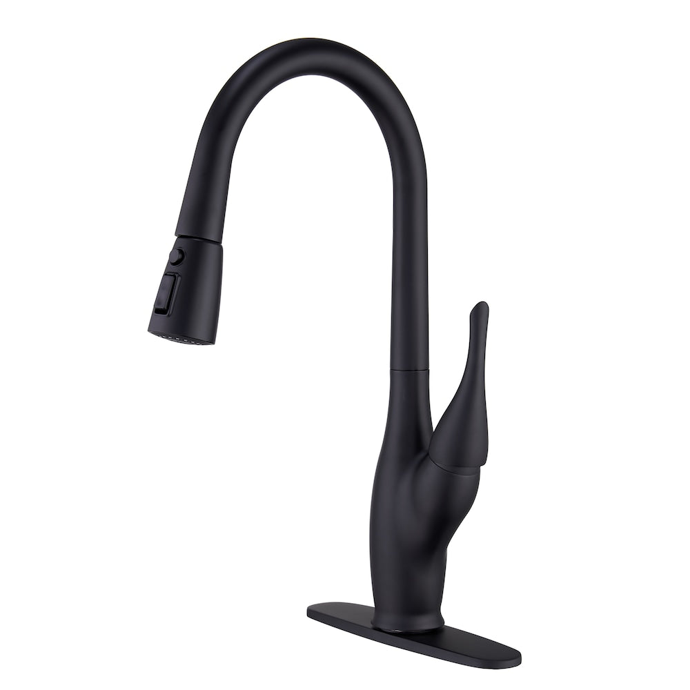 Tulip High Arc Pull Down Single Handle Deck Mount Kitchen Faucet in Matte Black