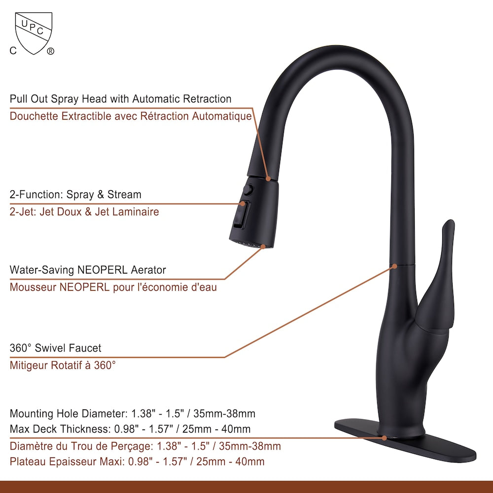 Tulip High Arc Pull Down Single Handle Deck Mount Kitchen Faucet in Matte Black