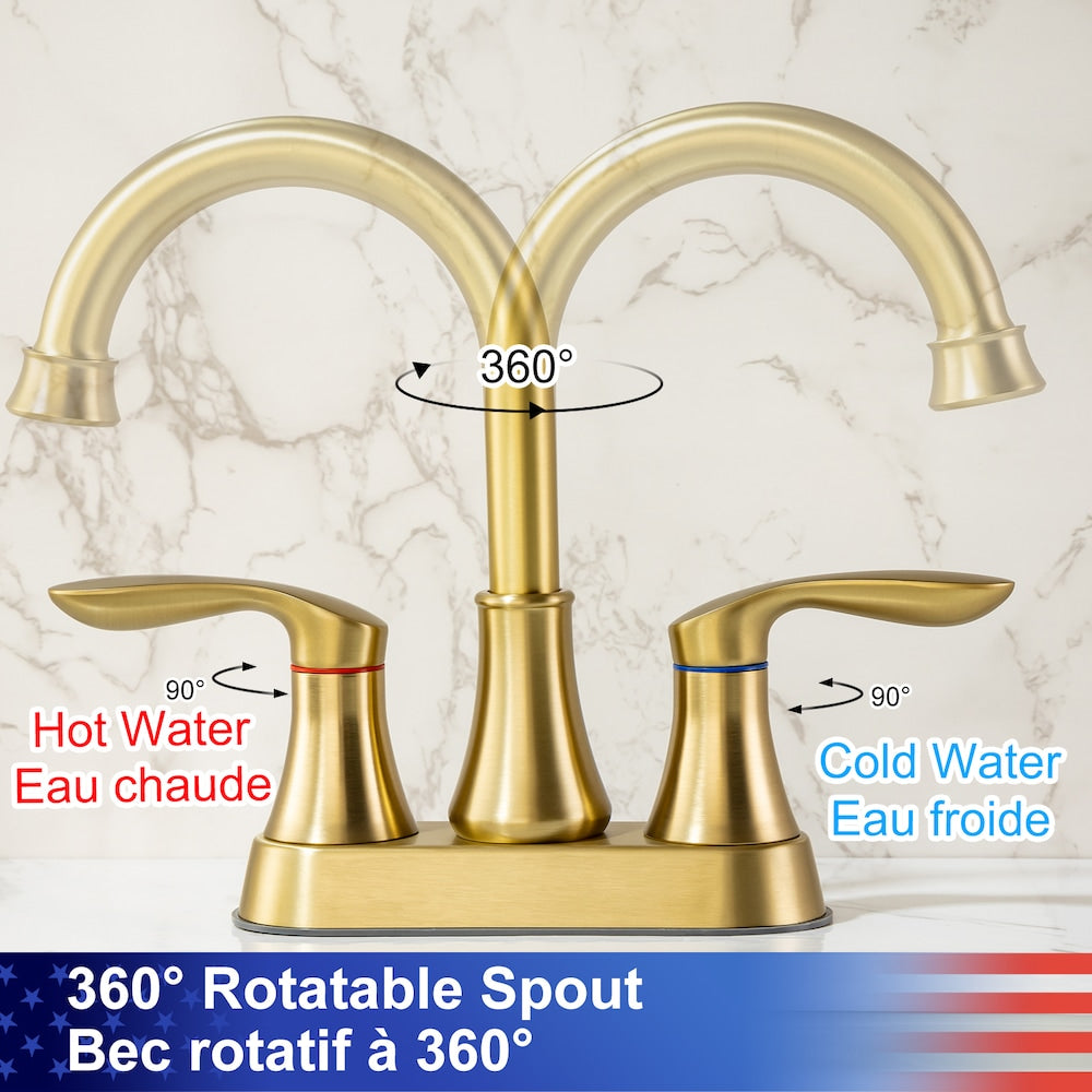 A1 Centerset Faucet 4-inch 2-handle Bathroom Faucet with Drain Assembly in Brush Gold