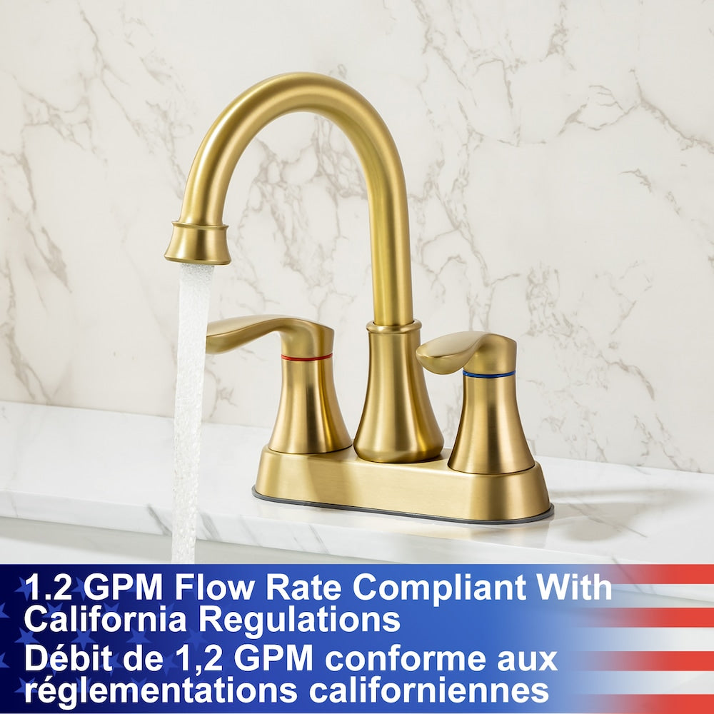 A1 Centerset Faucet 4-inch 2-handle Bathroom Faucet with Drain Assembly in Brush Gold