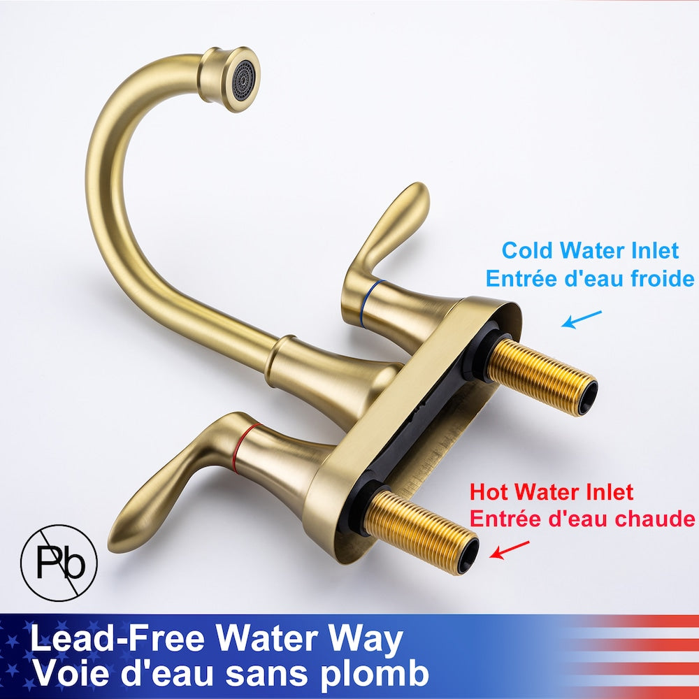 A1 Centerset Faucet 4-inch 2-handle Bathroom Faucet with Drain Assembly in Brush Gold