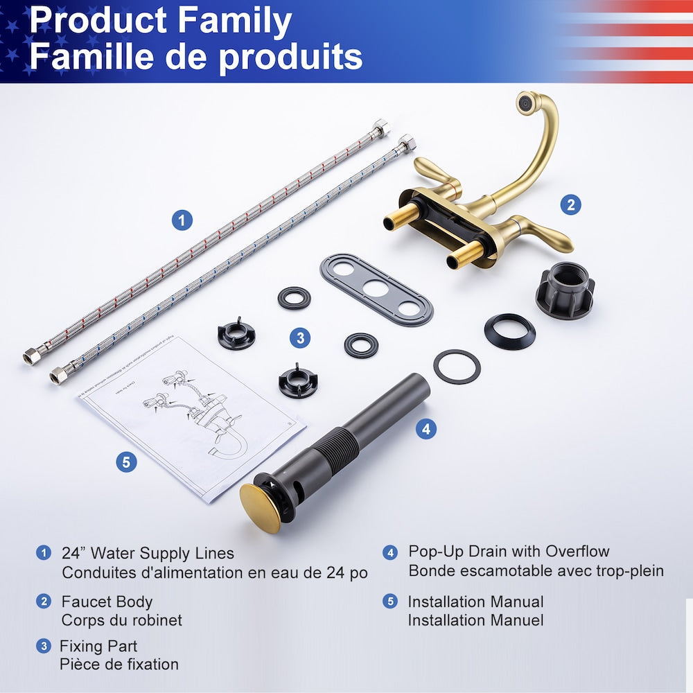 A1 Centerset Faucet 4-inch 2-handle Bathroom Faucet with Drain Assembly in Brush Gold