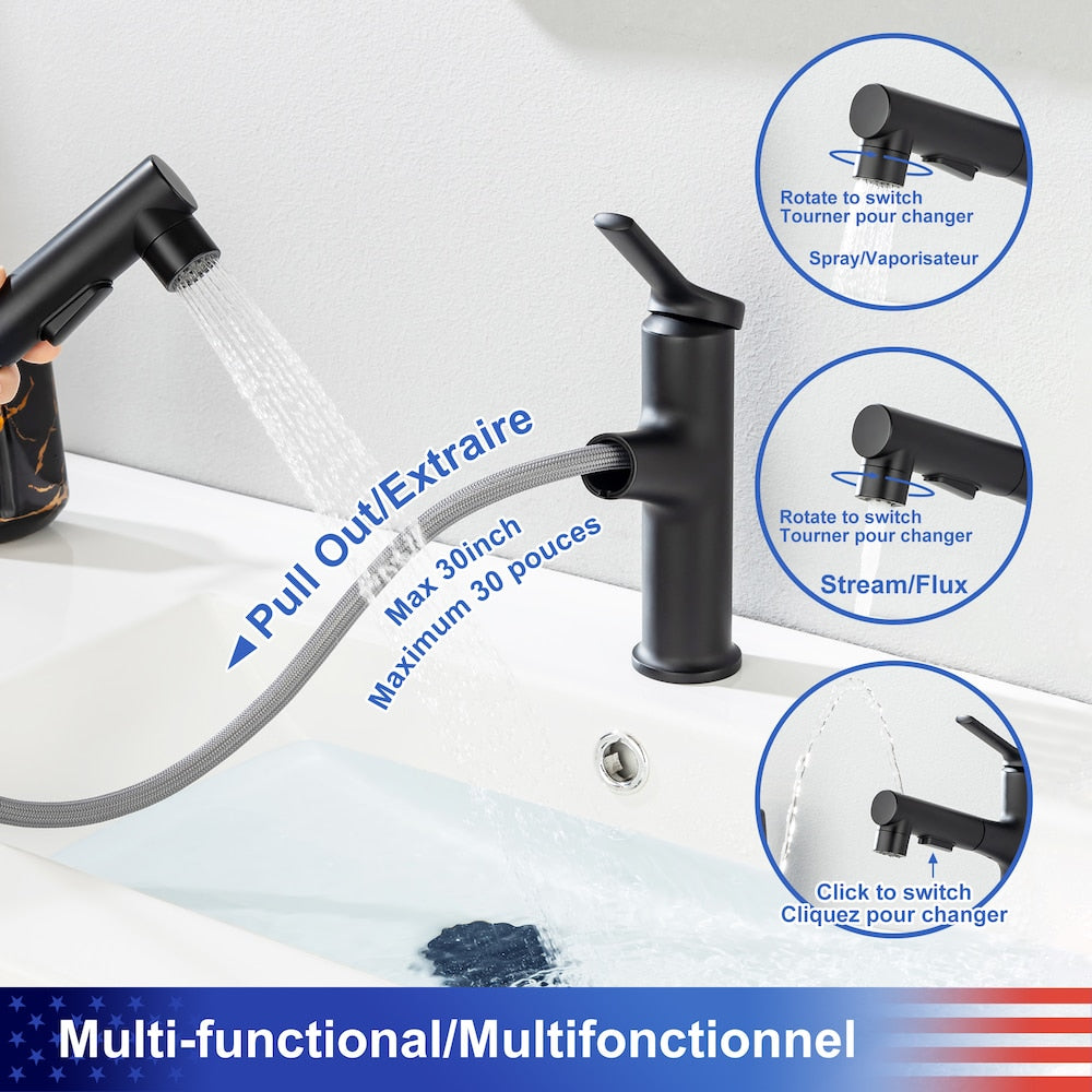 Robinet de lavabo de salle de bain à 1 poignée et extractible D2 avec conduite d'alimentation en eau en noir mat