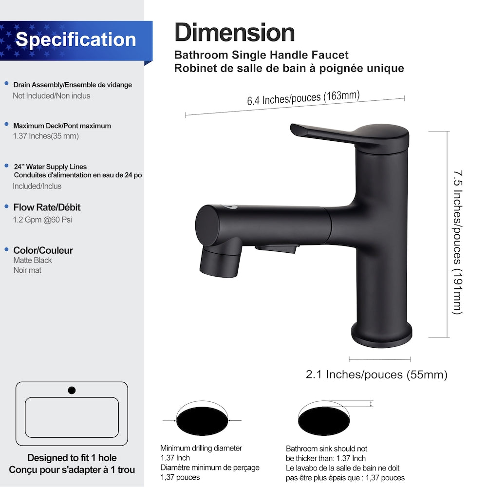 Robinet de lavabo de salle de bain à 1 poignée et extractible D2 avec conduite d'alimentation en eau en noir mat