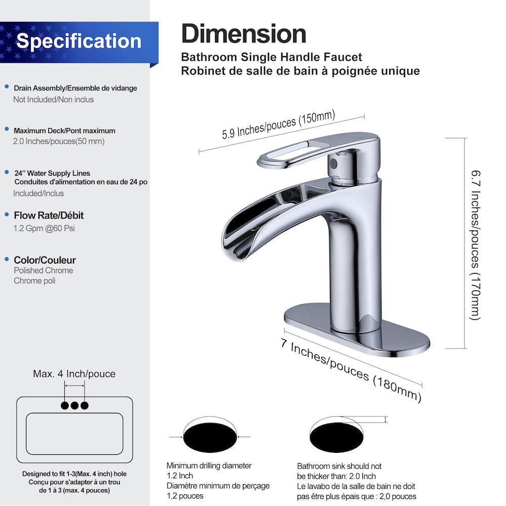 Robinet de salle de bain monotrou à 1 poignée E2 en chrome