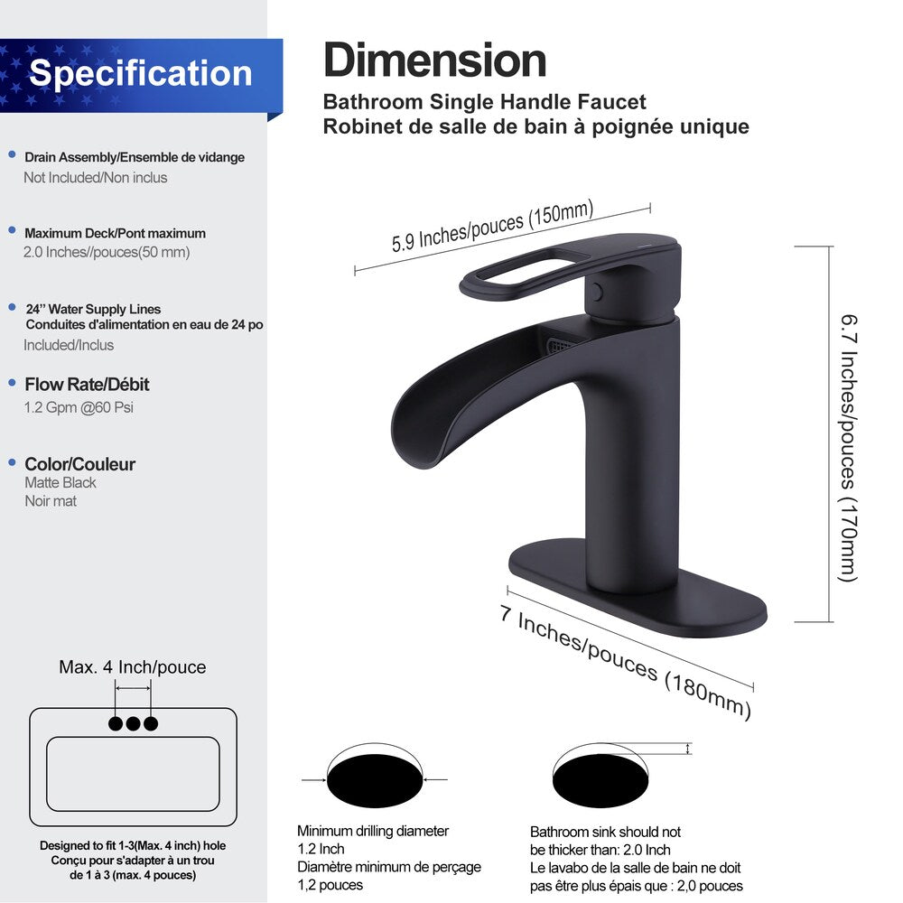 Robinet de salle de bain monotrou à 1 poignée E2 en noir mat