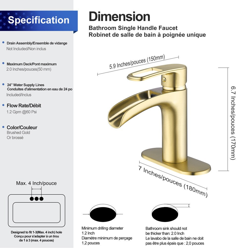 Robinet de salle de bain monotrou à 1 poignée E2 en or brossé