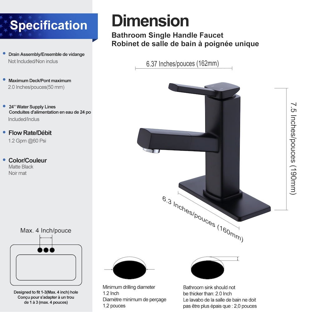 D1 1-Handle Multifunctional Single Hole Bathroom Faucet in Matte Black